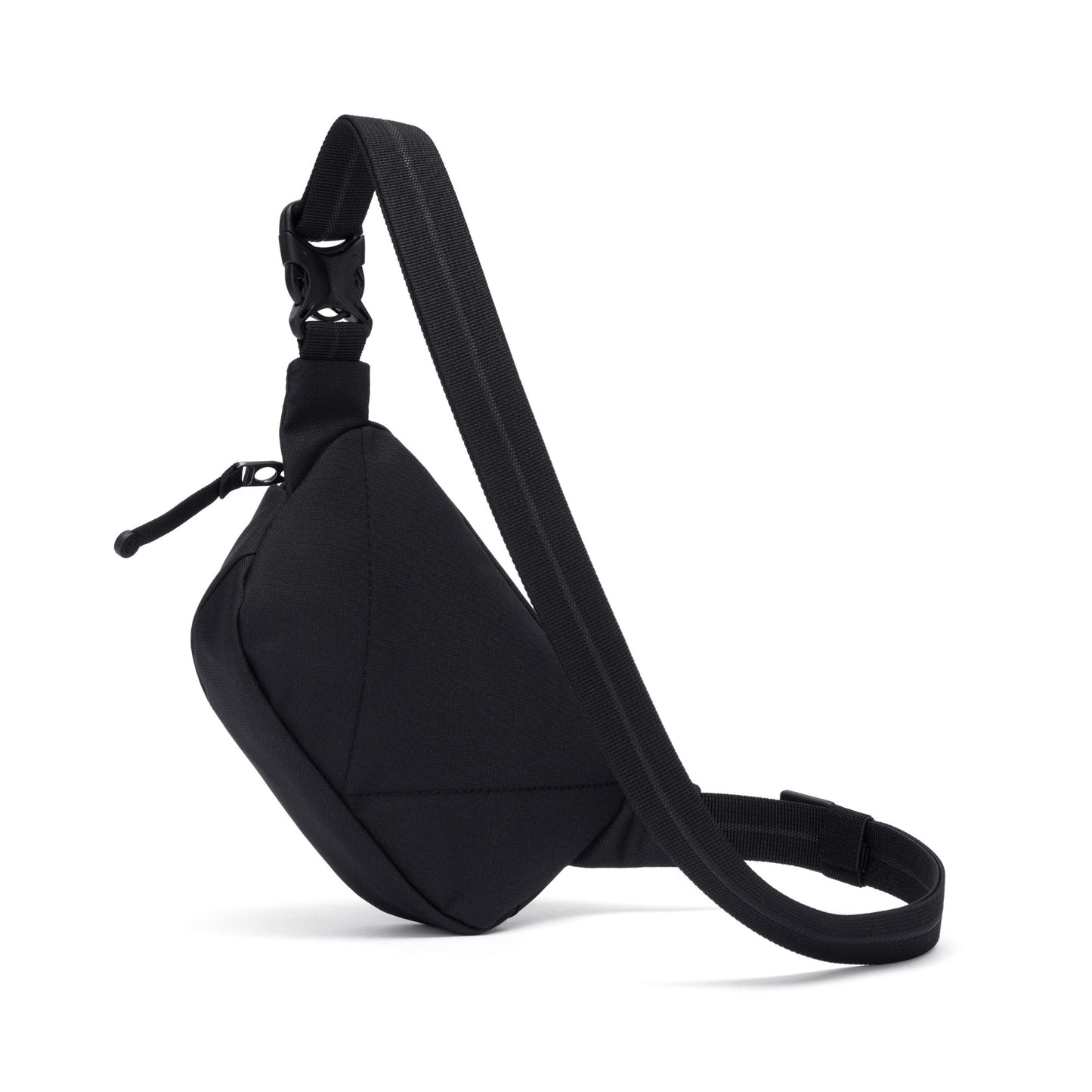 The Pacsafe® GO Anti-Theft Micro Sling is a black crossbody bag with adjustable strap, made from recycled polyester.