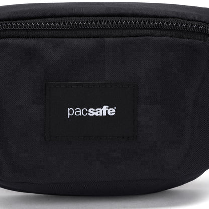 Close-up of the Pacsafe® GO Anti-Theft Micro Sling, black, with a visible Pacsafe logo on the front.