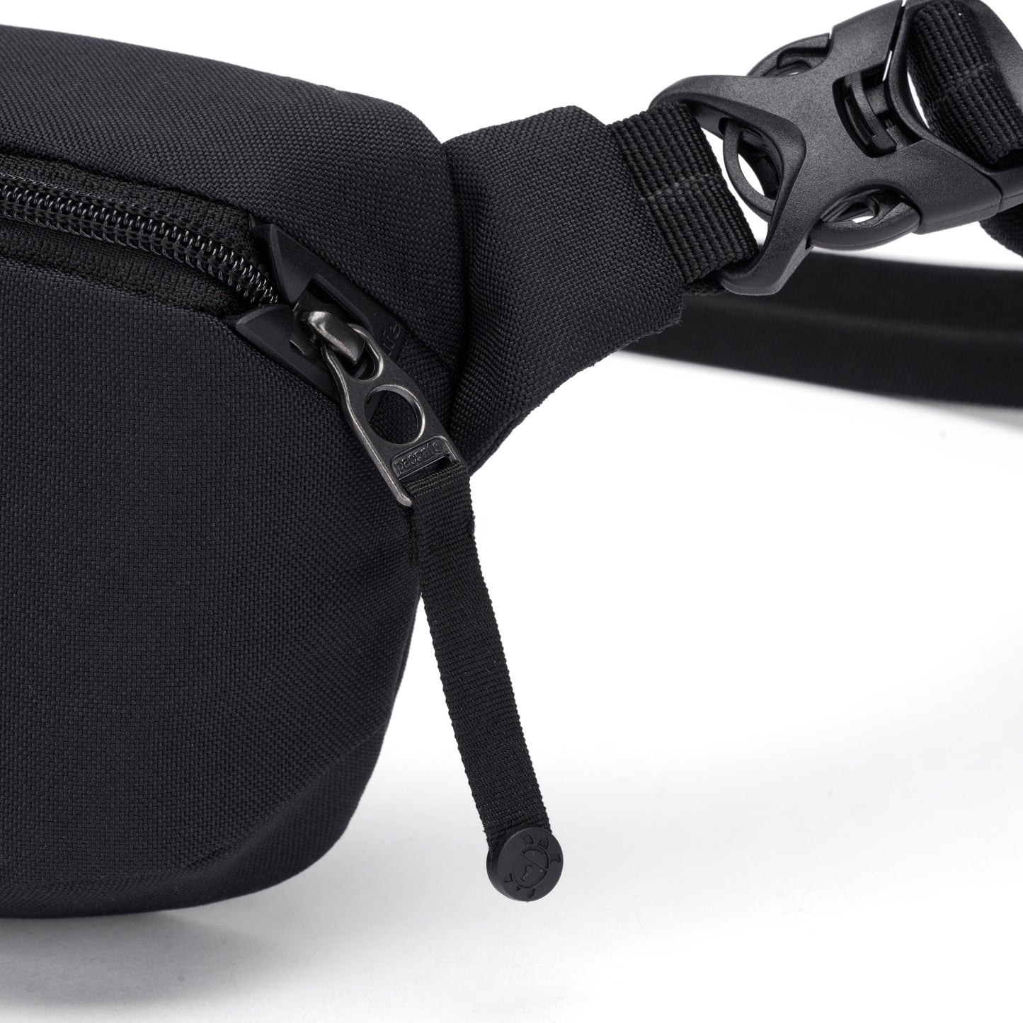 Close-up of the Pacsafe® GO Anti-Theft Micro Sling, a black recycled polyester bag with zipper and buckle.