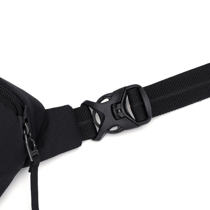 Close-up of the Pacsafe® GO Anti-Theft Micro Sling in black with adjustable strap, by Pacsafe.