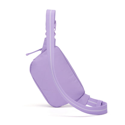 The Pacsafe® GO Anti-Theft Micro Sling by Pacsafe is a lavender crossbody made from recycled polyester.