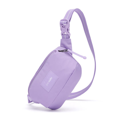 Pacsafe® GO Anti-Theft Micro Sling in light purple with adjustable strap and secure front pocket by Pacsafe.