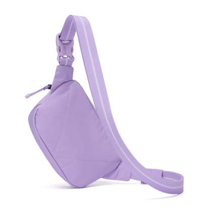 The Pacsafe® GO Anti-Theft Micro Sling in light purple recycled polyester with adjustable strap by Pacsafe.