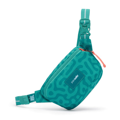 Pacsafe® GO Anti-Theft Micro Sling: teal recycled polyester, front zip pocket, adjustable strap.