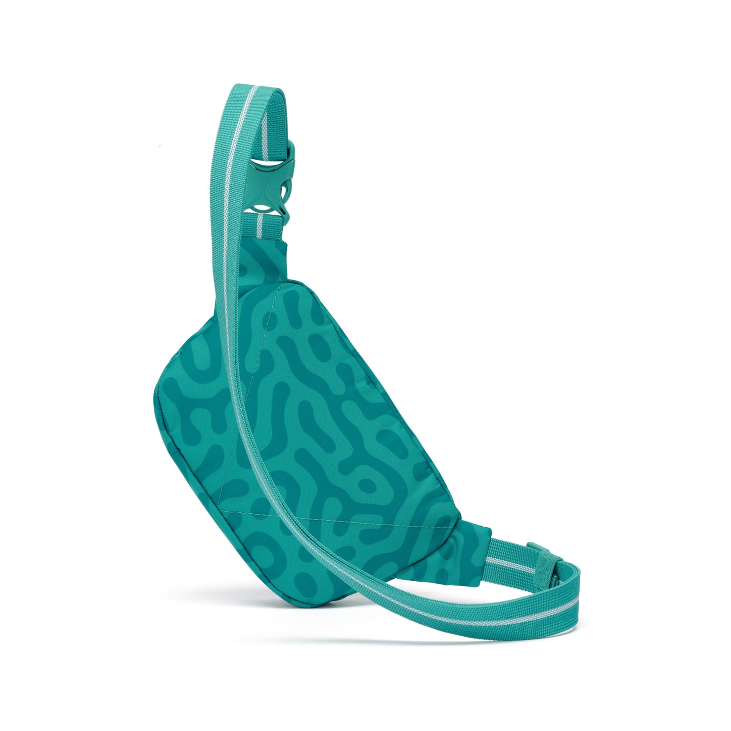 Pacsafe® GO Anti-Theft Micro Sling by Pacsafe in teal recycled polyester with wavy pattern and striped strap.