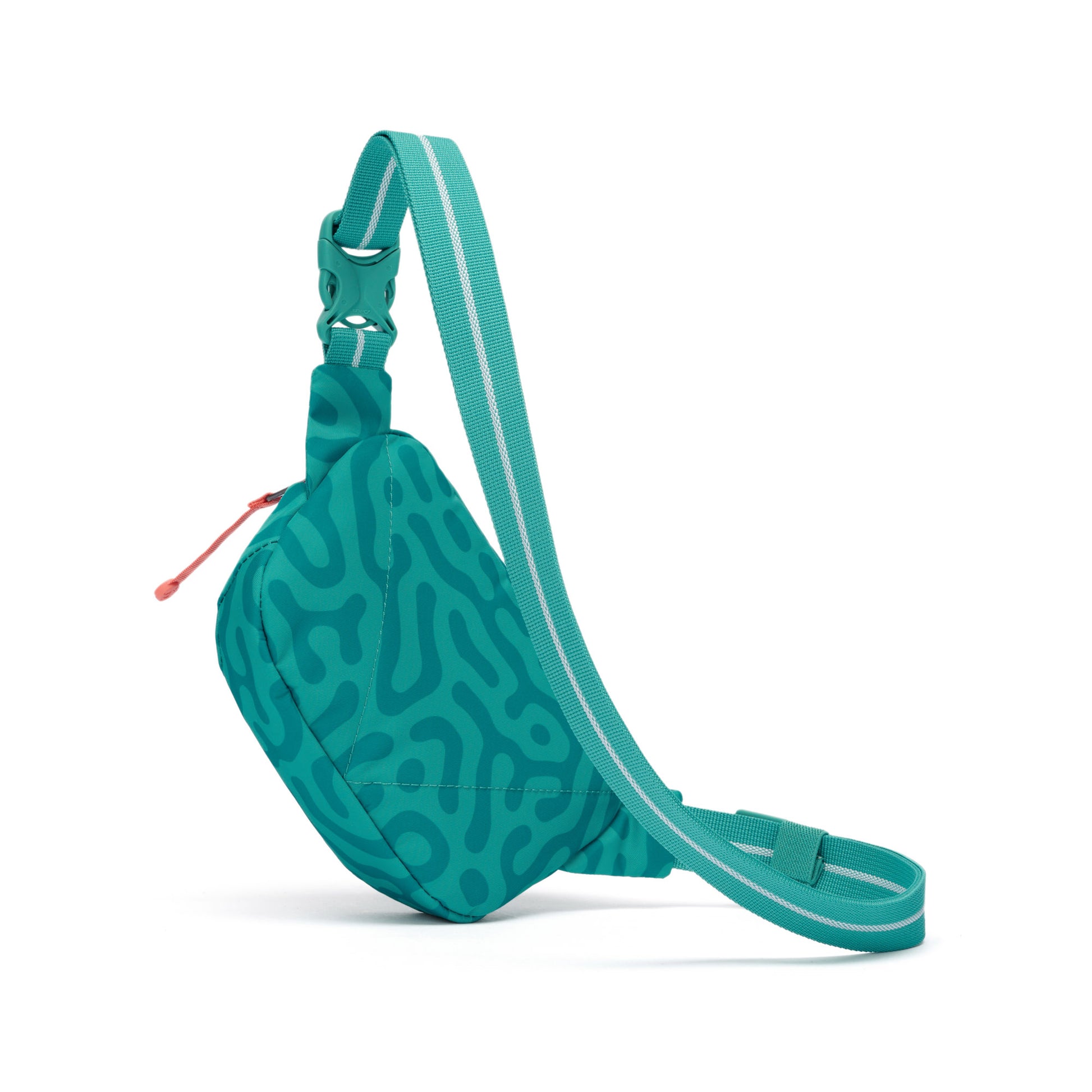 Pacsafe® GO Anti-Theft Micro Sling by Pacsafe in teal with wavy pattern, striped strap, and secure zipper pull.