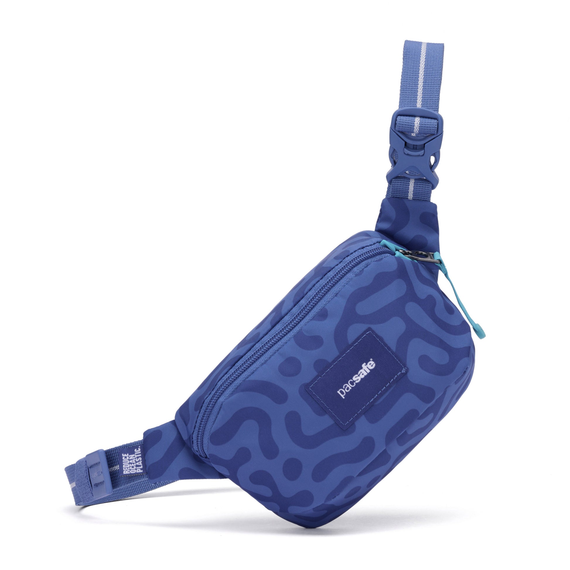 Pacsafe® GO Anti-Theft Micro Sling: blue, patterned, recycled polyester, adjustable strap, front zipper.