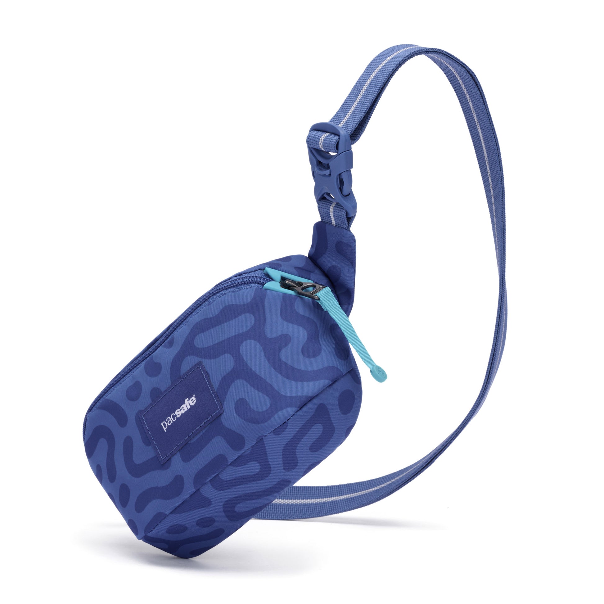 Pacsafe® GO Anti-Theft Micro Sling: blue, abstract print, zip closure, recycled polyester.