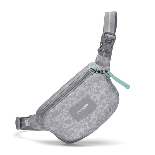 Product Image – Pacsafe® GO Anti-Theft Micro Sling by Pacsafe, gray pattern, recycled polyester, teal zipper pull, adjustable strap.