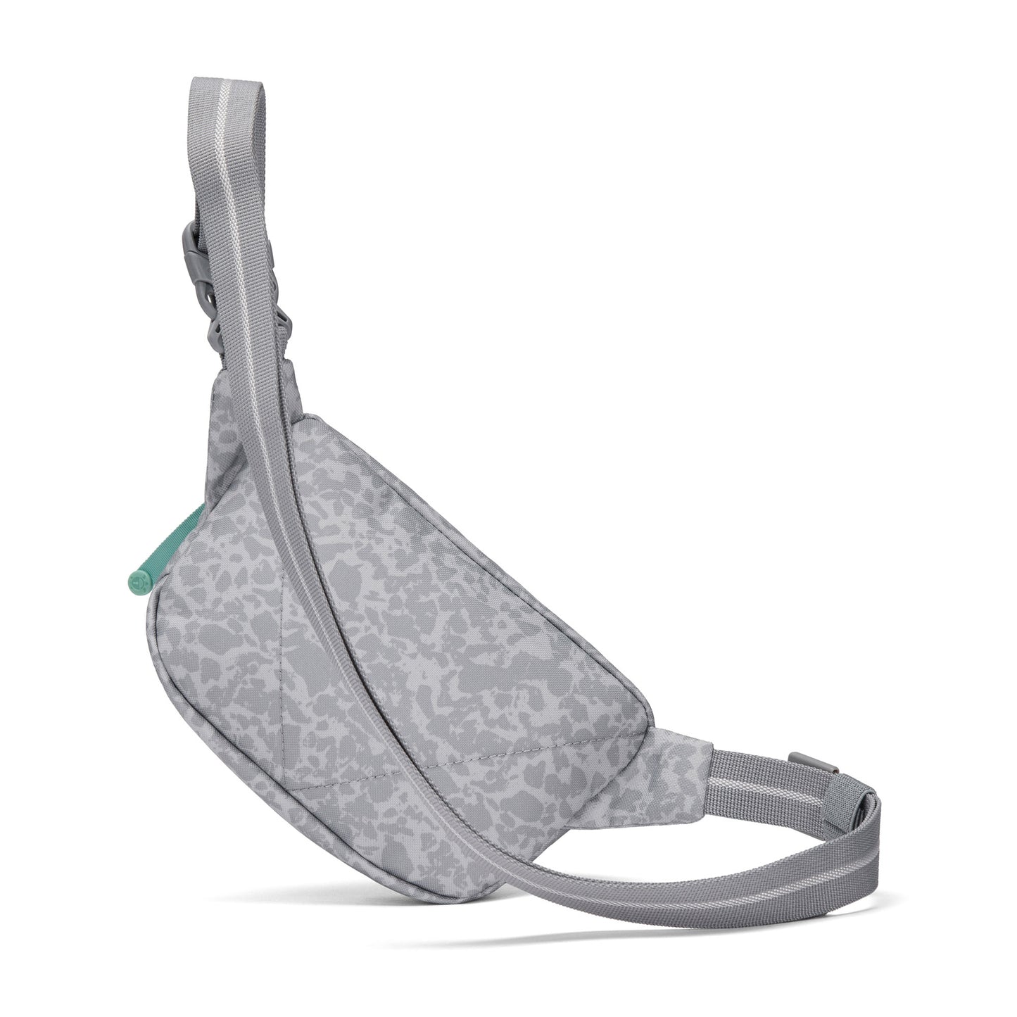 Pacsafe® GO Anti-Theft Micro Sling by Pacsafe: gray, patterned, recycled polyester, adjustable strap.