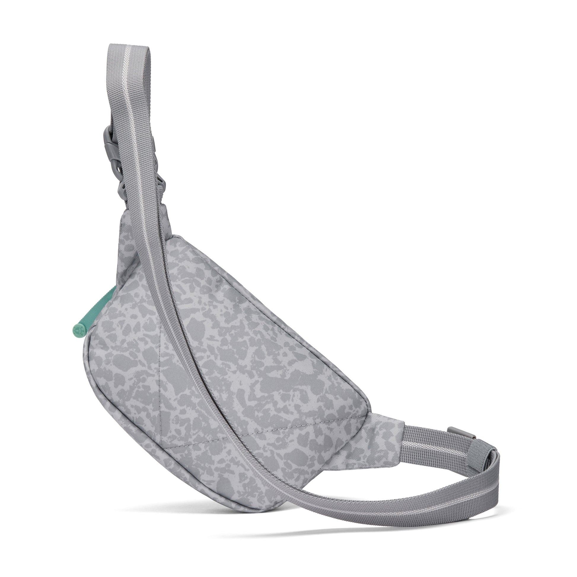 Pacsafe® GO Anti-Theft Micro Sling by Pacsafe: gray, patterned, recycled polyester, adjustable strap.