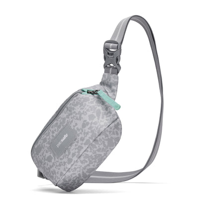 Pacsafe® GO Anti-Theft Micro Sling: gray pattern, zipper closure, recycled polyester, adjustable strap.