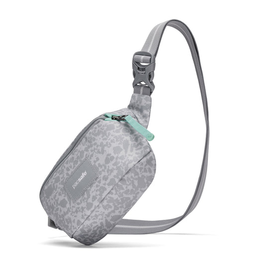 Product Image – Pacsafe® GO Anti-Theft Micro Sling: gray pattern, zipper closure, recycled polyester, adjustable strap.
