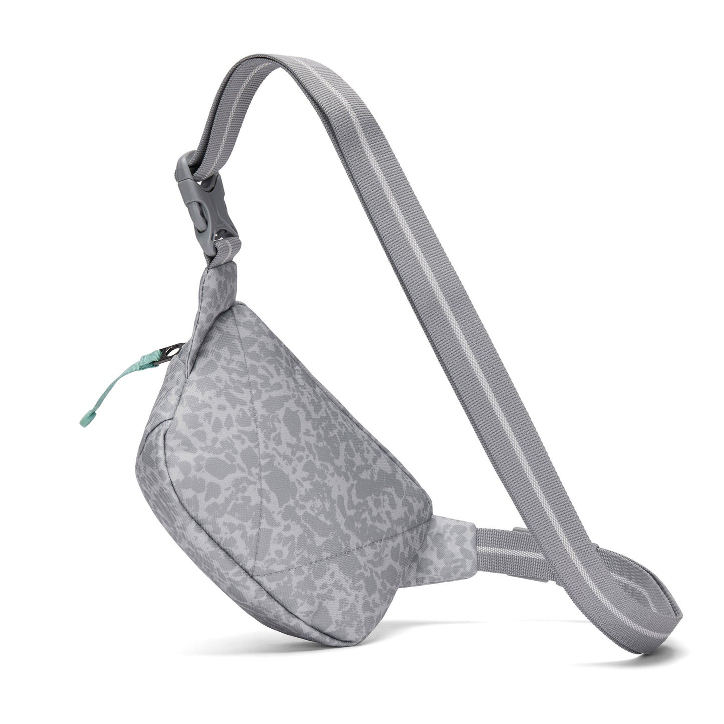 Pacsafe® GO Anti-Theft Micro Sling crossbody bag in light gray with pattern, zipper, and adjustable strap.