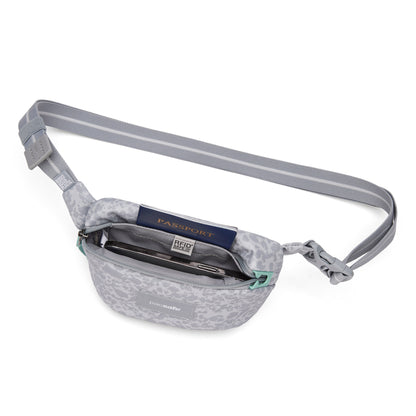 Pacsafe® GO Anti-Theft Micro Sling by Pacsafe, gray recycled poly, holds passport, phone & credit card visibly.