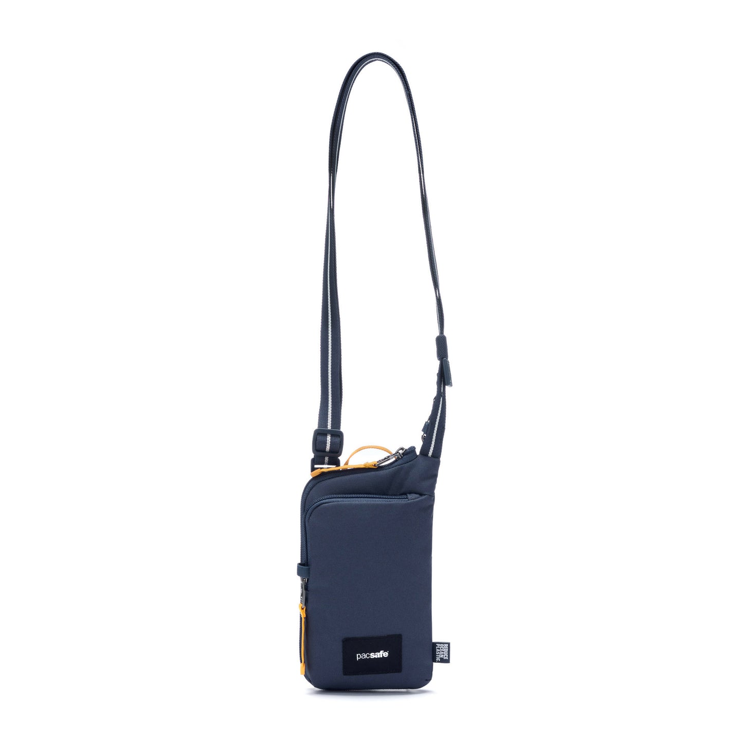 Pacsafe® GO Anti-Theft Tech Crossbody in coastal blue colour front view with Carrysafe® slashguard strap extended.