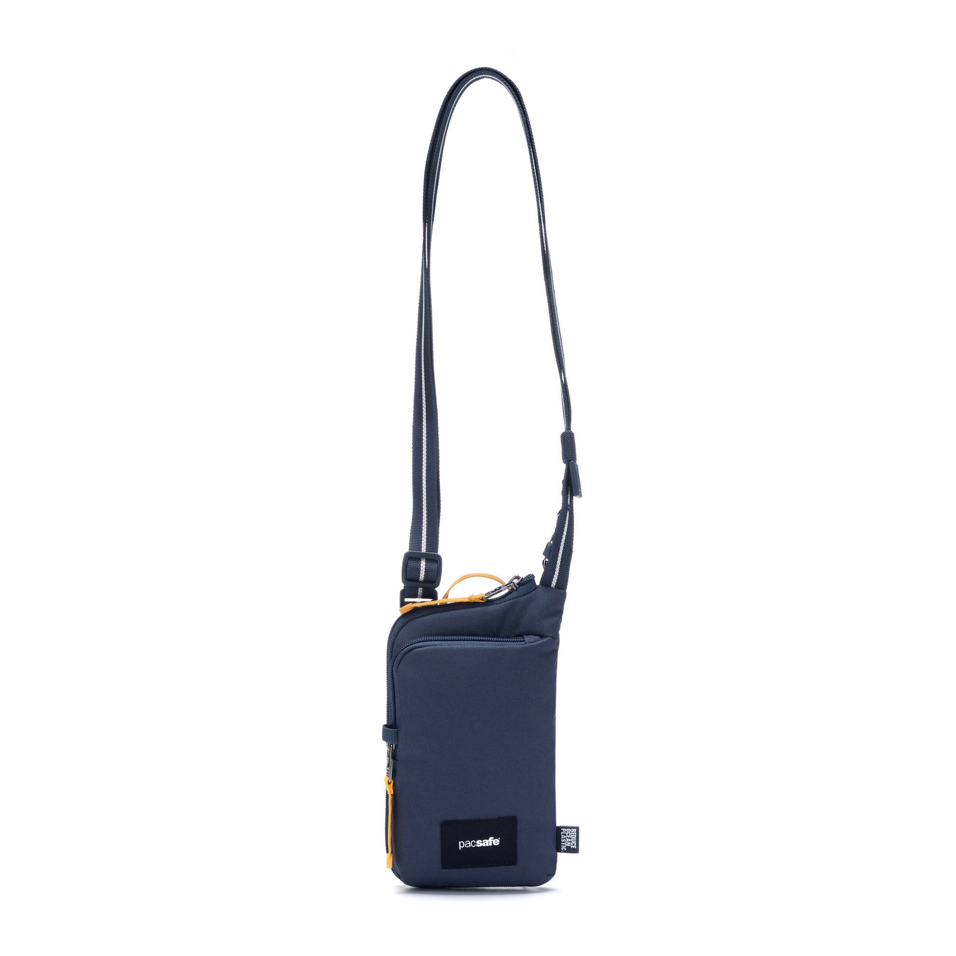Pacsafe® GO Anti-Theft Tech Crossbody in coastal blue colour front view with Carrysafe® slashguard strap extended.