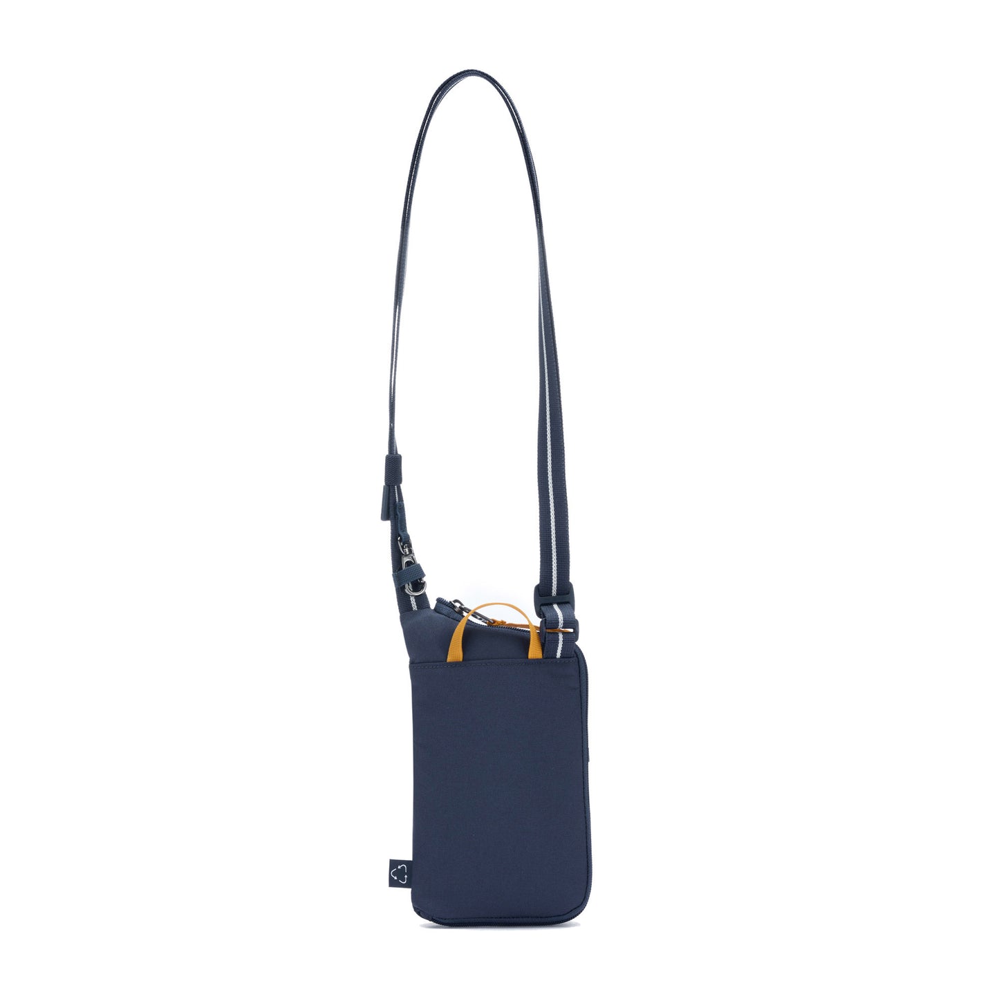 Pacsafe® GO Anti-Theft Tech Crossbody in coastal blue colour back view with Carrysafe® slashguard strap extended.