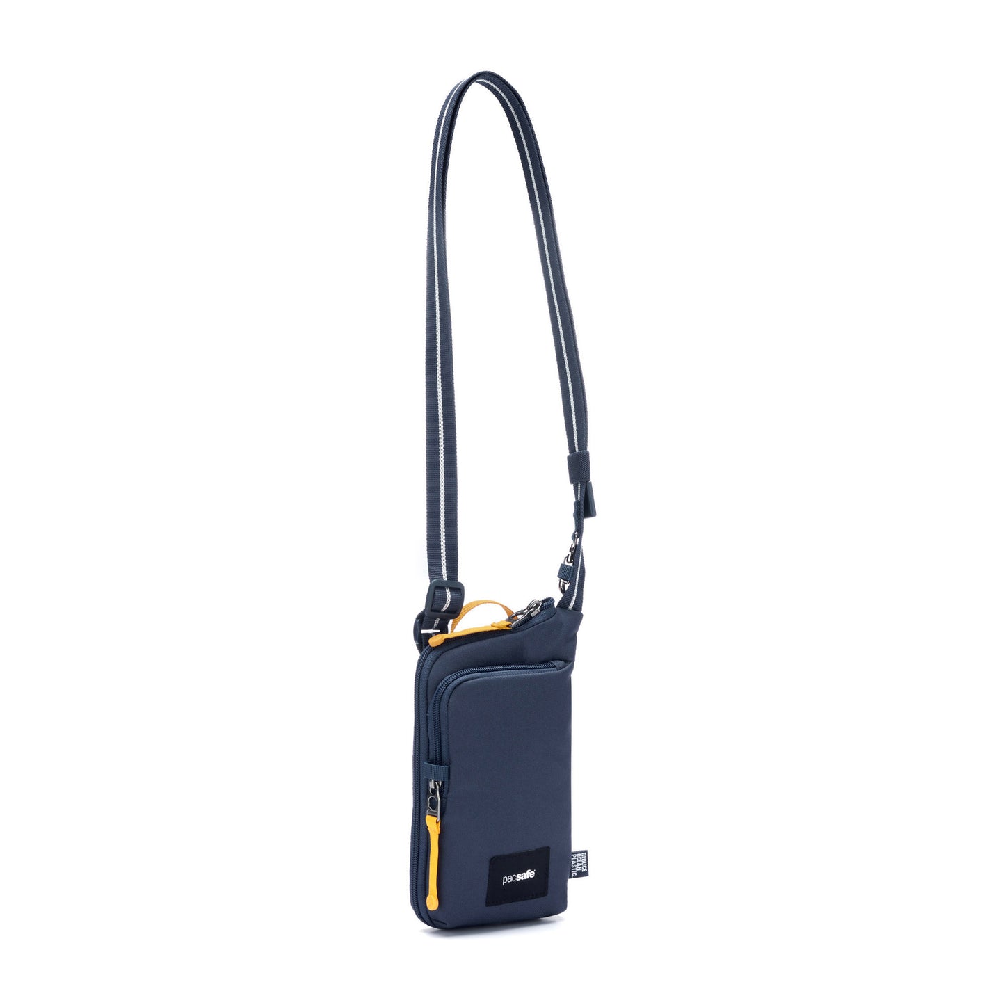 Pacsafe® GO Anti-Theft Tech Crossbody in coastal blue colour front left side view with Carrysafe® slashguard strap extended.