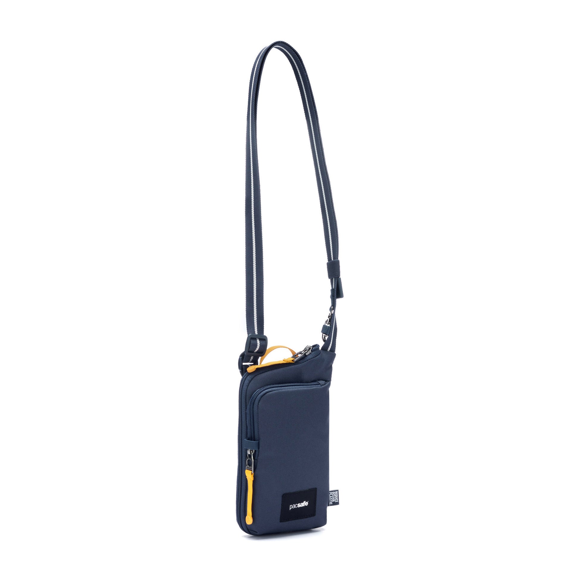 Pacsafe® GO Anti-Theft Tech Crossbody in coastal blue colour front left side view with Carrysafe® slashguard strap extended.
