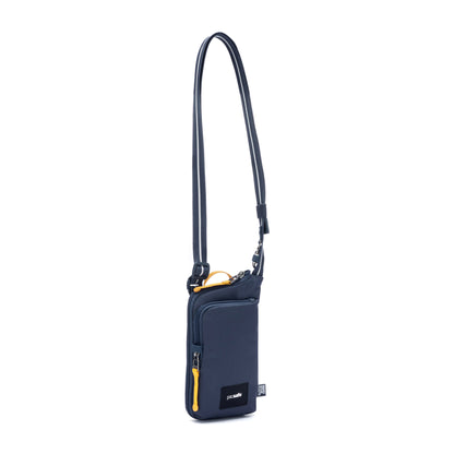 Pacsafe® GO Anti-Theft Tech Crossbody in coastal blue colour front left side view with Carrysafe® slashguard strap extended.