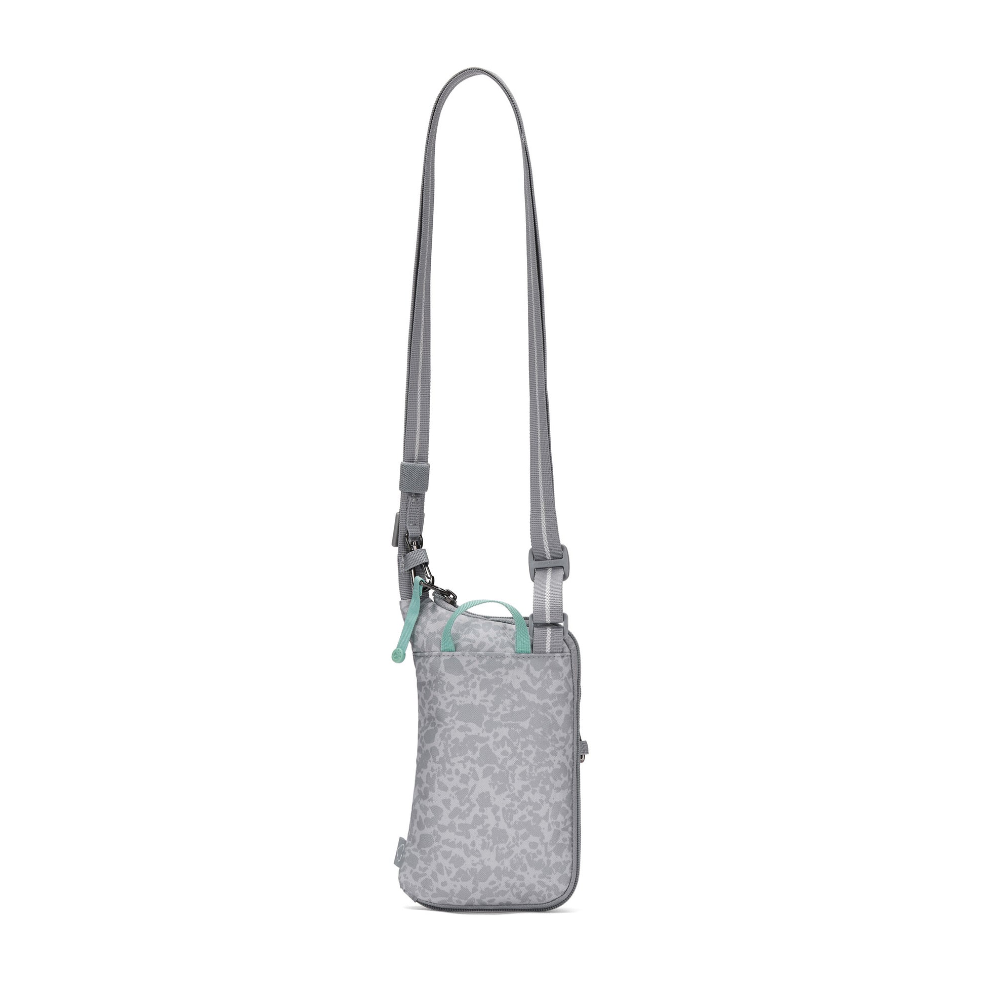 Pacsafe® GO Anti-Theft Tech Crossbody by Pacsafe: gray floral wallet with teal zippers and adjustable strap.