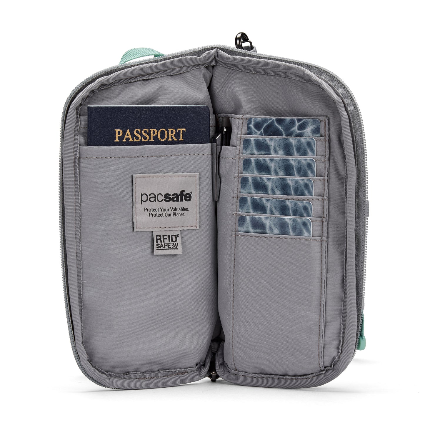Open Pacsafe® GO Anti-Theft Tech Crossbody showing a passport, six cards, and “RFID SAFE” on the label.