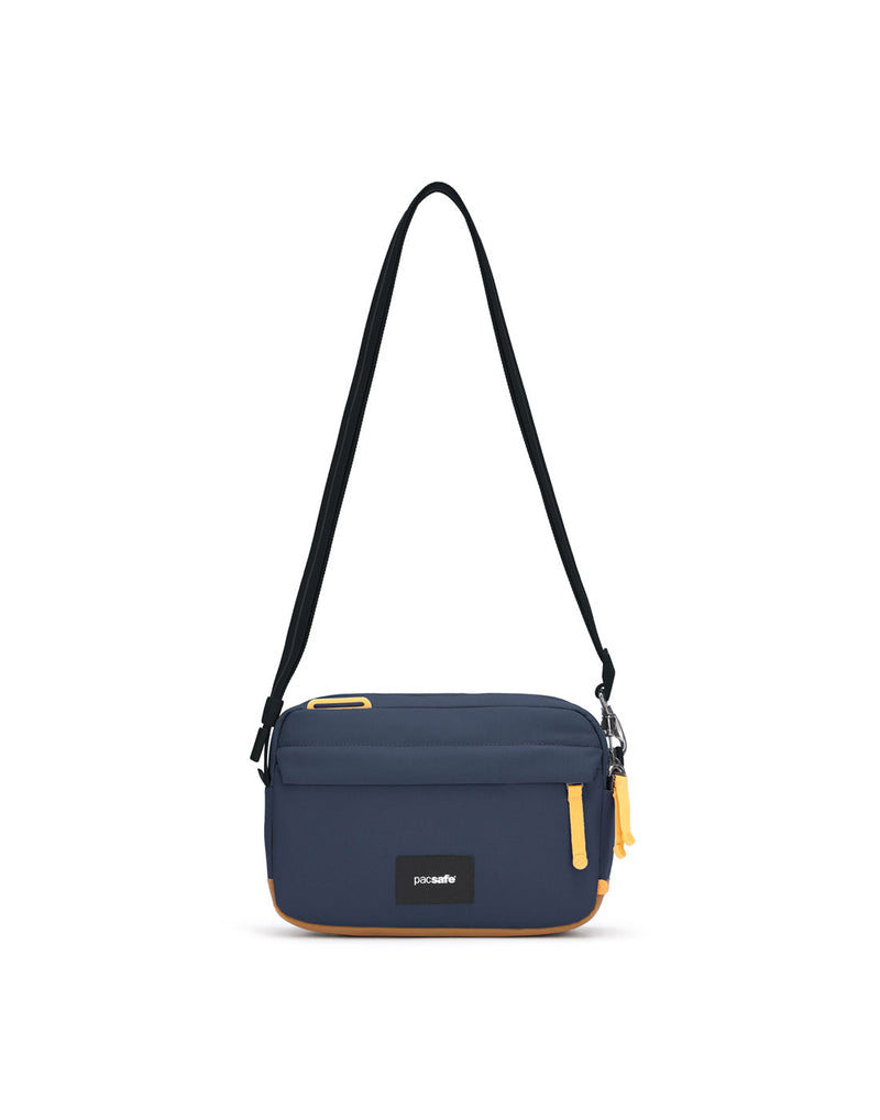 Pacsafe® GO Anti-Theft Crossbody Bag in coastal blue colour front view with Carrysafe® slashguard strap extended.