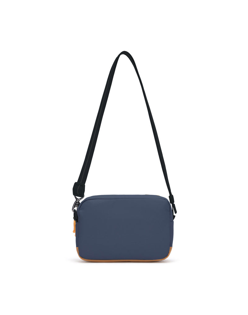 Pacsafe® GO Anti-Theft Crossbody Bag in coastal blue colour back view with Carrysafe® slashguard strap extended.