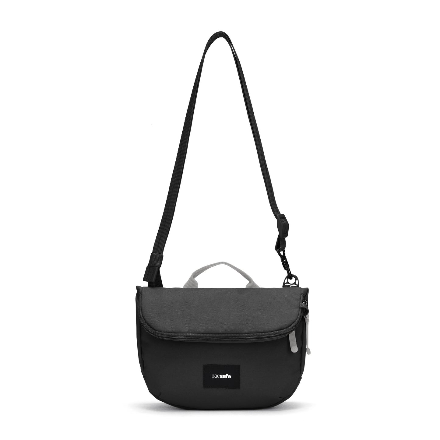 The Pacsafe® GO Anti-Theft Saddle Crossbody by Pacsafe in black features a top handle and adjustable strap.