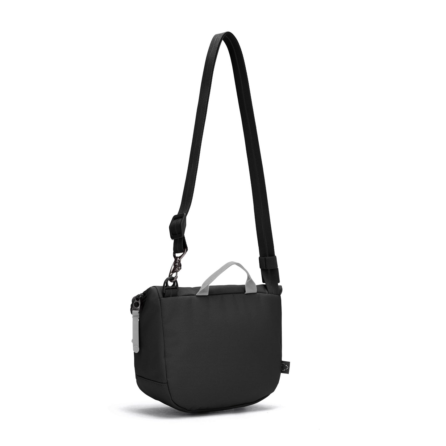 The Pacsafe® GO Anti-Theft Saddle Crossbody, by Pacsafe, is a small black bag with an adjustable strap and top handle.