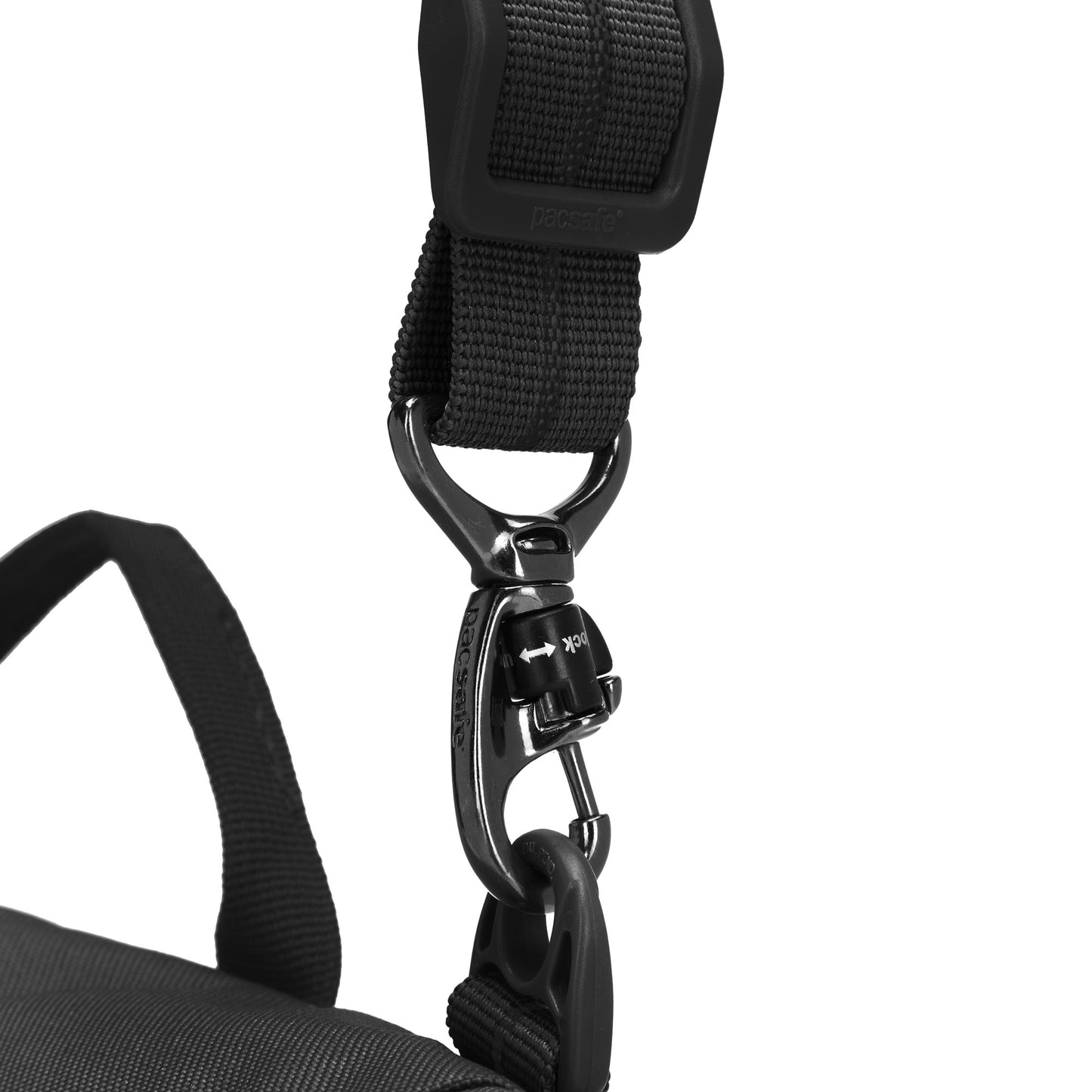 Close-up of a black strap with swivel hook attached to the Pacsafe® GO Anti-Theft Saddle Crossbody bag.