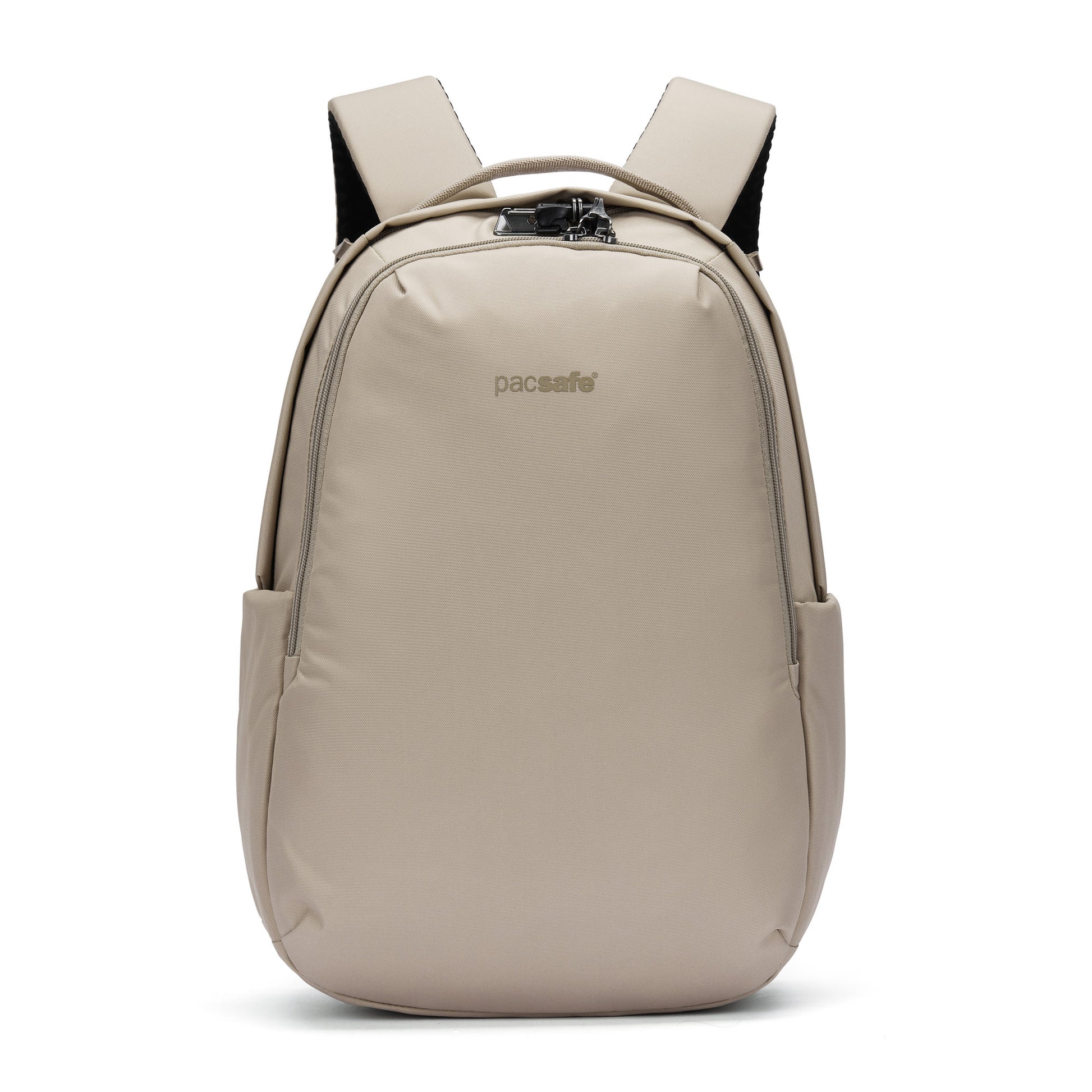 Pacsafe® V 16L Anti-theft All-Around Backpack in beige with laptop sleeve and pockets, shown on white.
