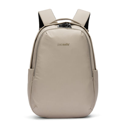 Pacsafe® V 16L Anti-theft All-Around Backpack in beige with laptop sleeve and pockets, shown on white.