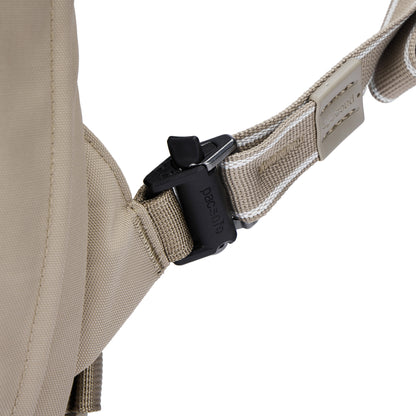 Close-up of Pacsafe® V 16L Anti-theft All-Around Backpack's tan recycled polyester strap with black buckle.