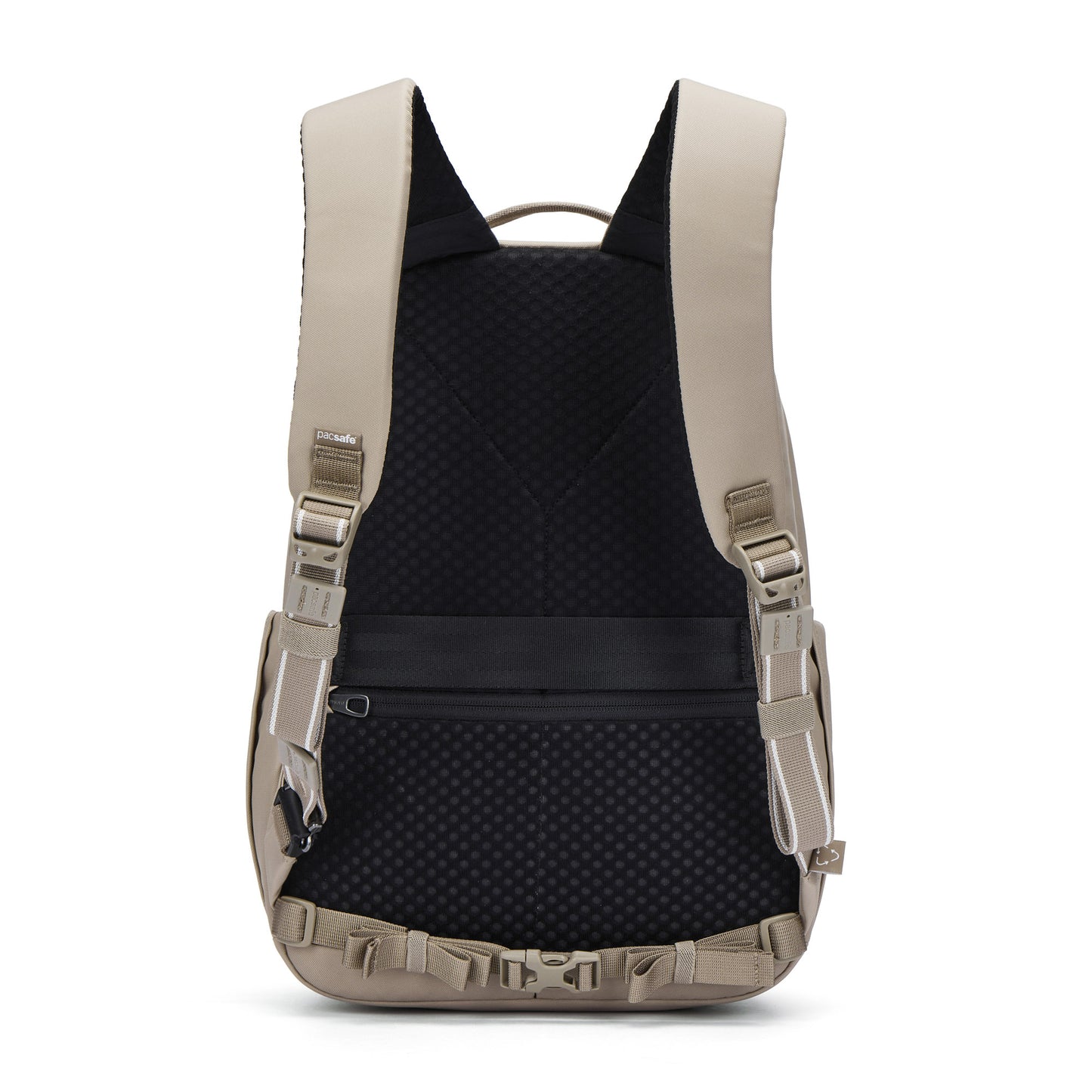 Pacsafe® V 16L Anti-theft Backpack in tan/black with padded straps, buckles, and a laptop sleeve.