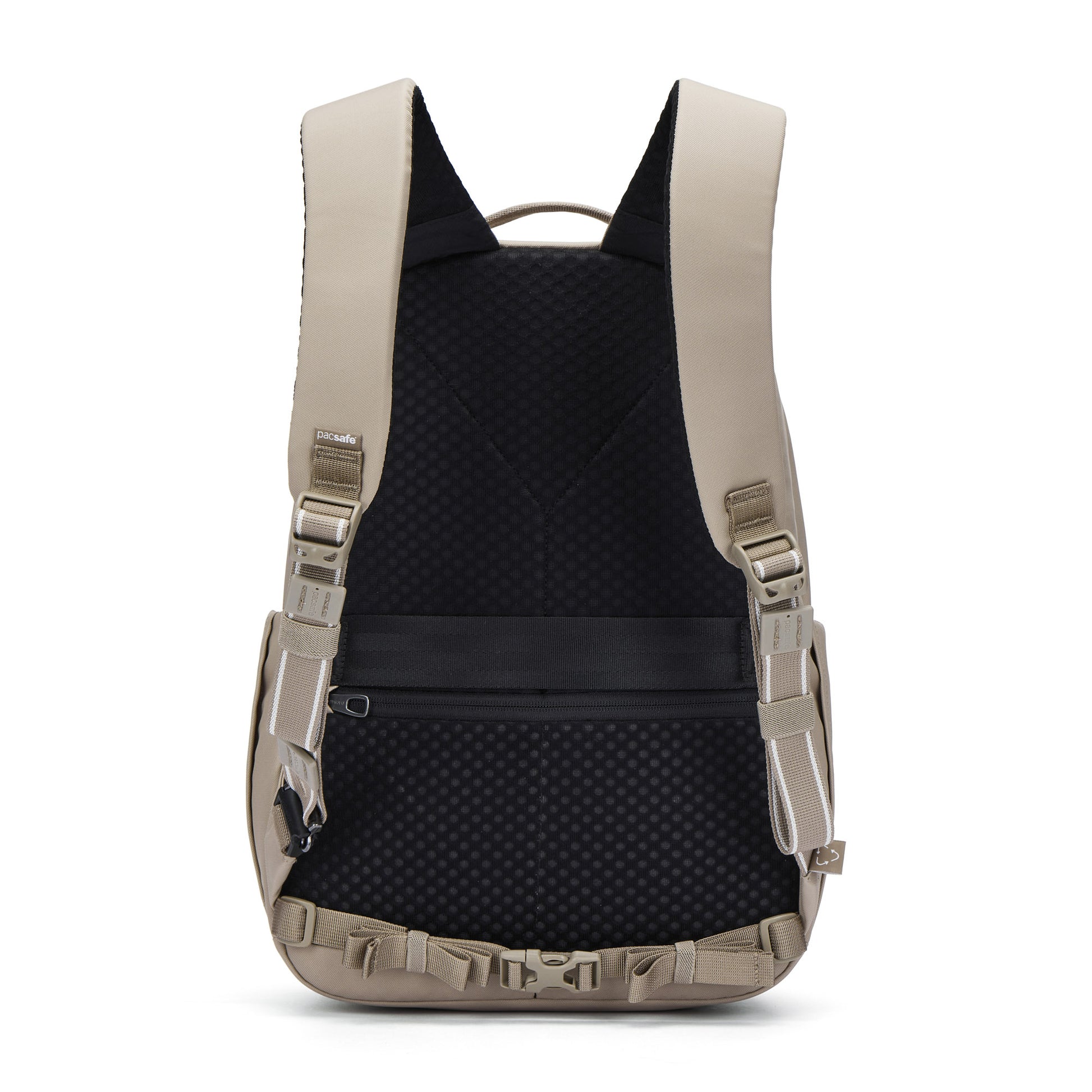 Pacsafe® V 16L Anti-theft Backpack in tan/black with padded straps, buckles, and a laptop sleeve.
