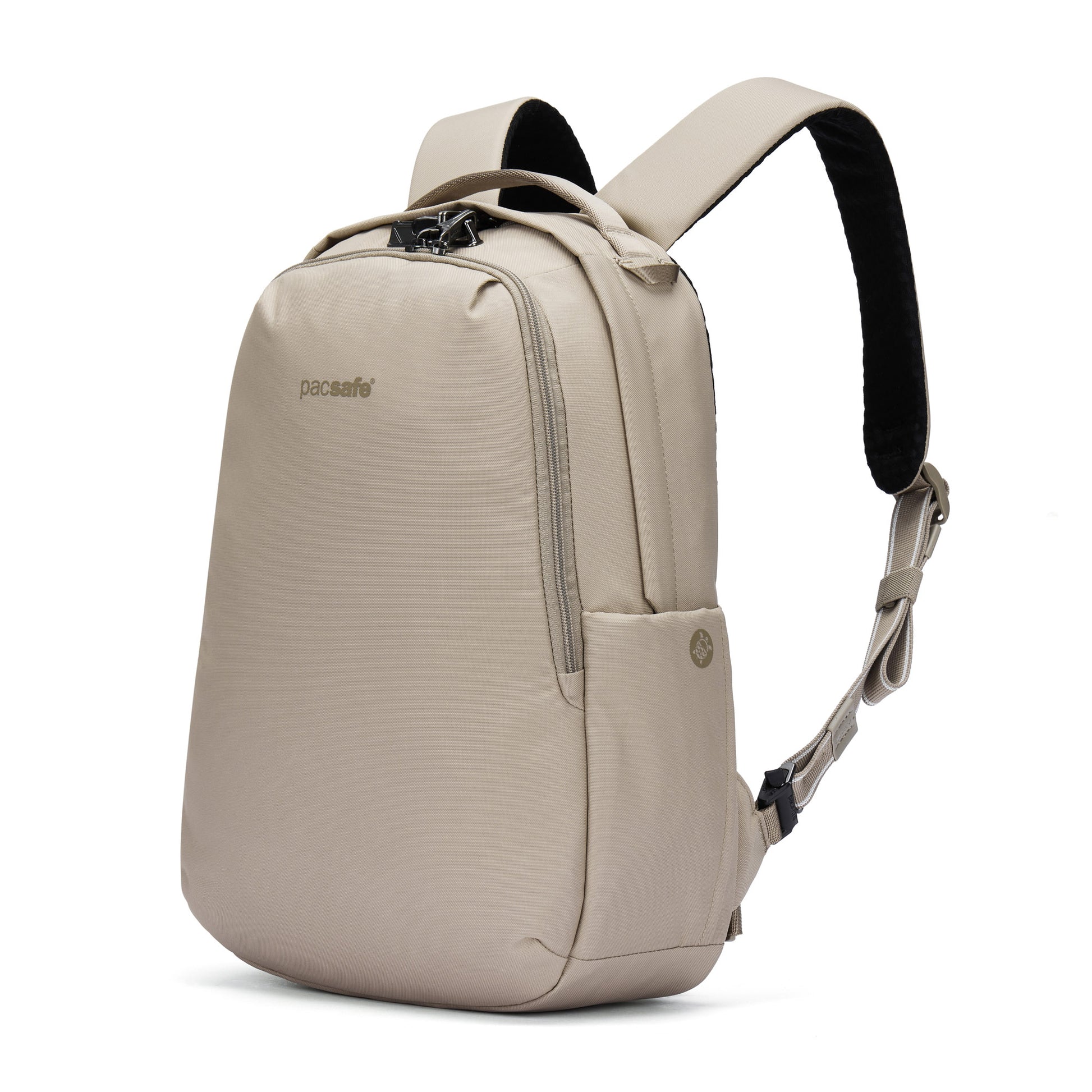 Pacsafe® V 16L beige anti-theft backpack with one strap, zip closure, laptop sleeve, and front logo.