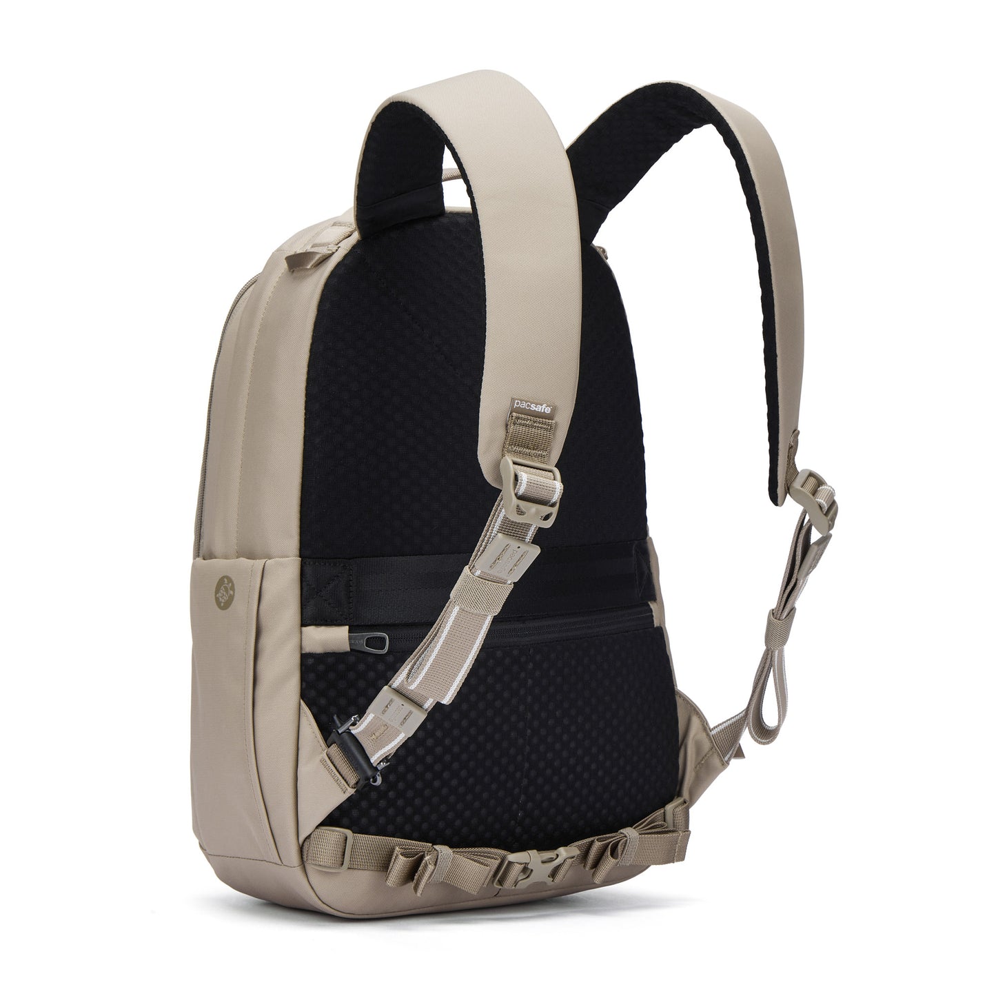 Pacsafe® V 16L Anti-theft All-Around Backpack in tan/black with padded straps and side handle, back view.