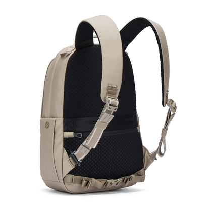 Pacsafe® V 16L Anti-theft All-Around Backpack in tan/black with padded straps and side handle, back view.