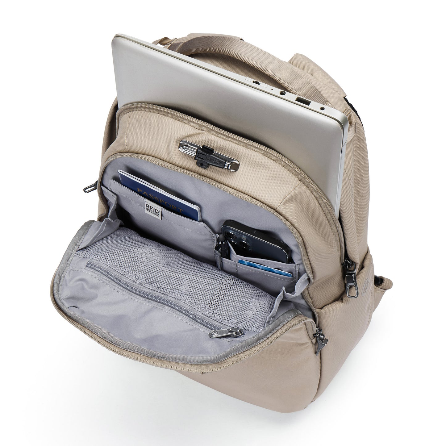 Pacsafe® V 16L Anti-theft Backpack with compartments for laptop, tablet, phone & accessories.