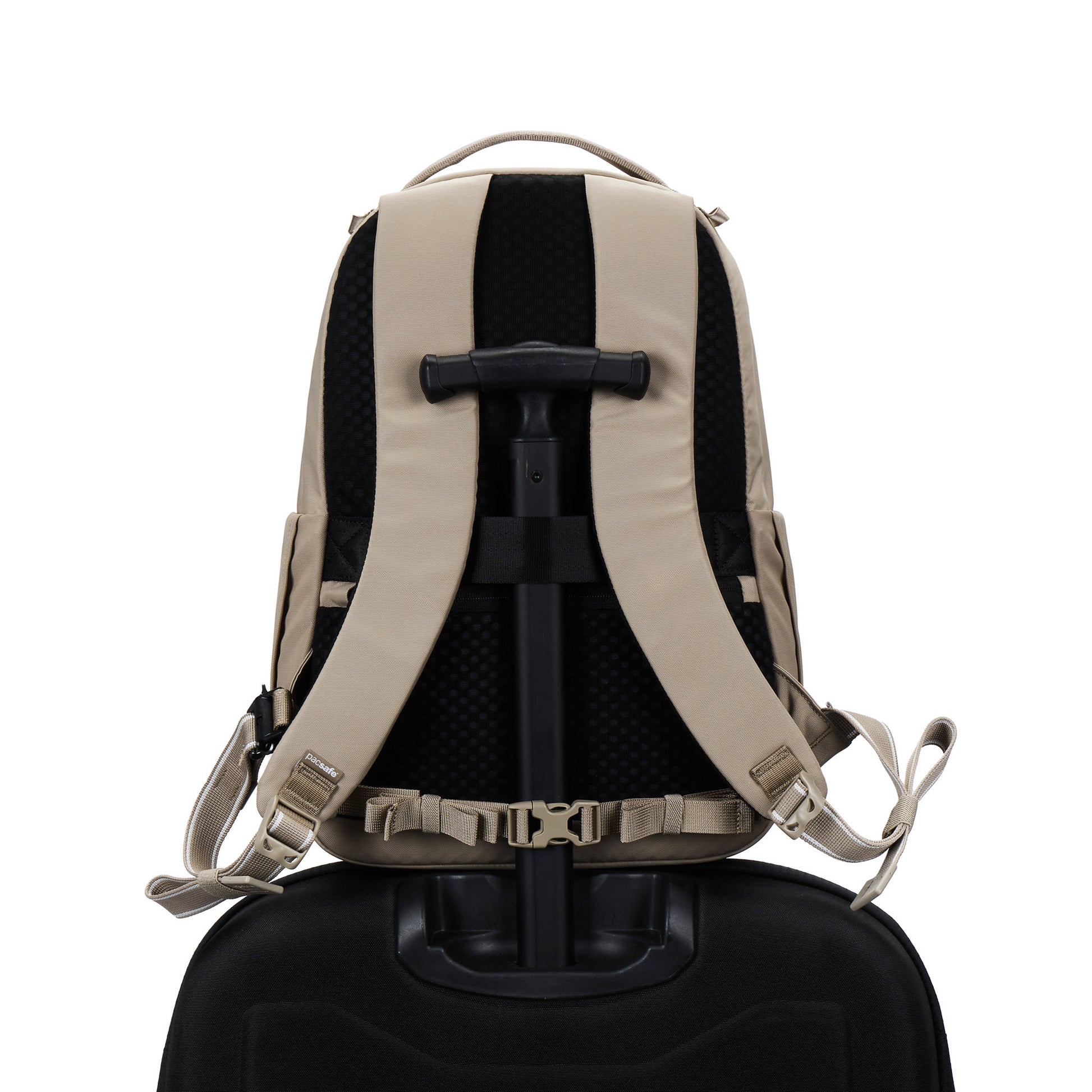 Pacsafe® V 16L Anti-theft All-Around Backpack in beige, secured on a suitcase handle, rear view.