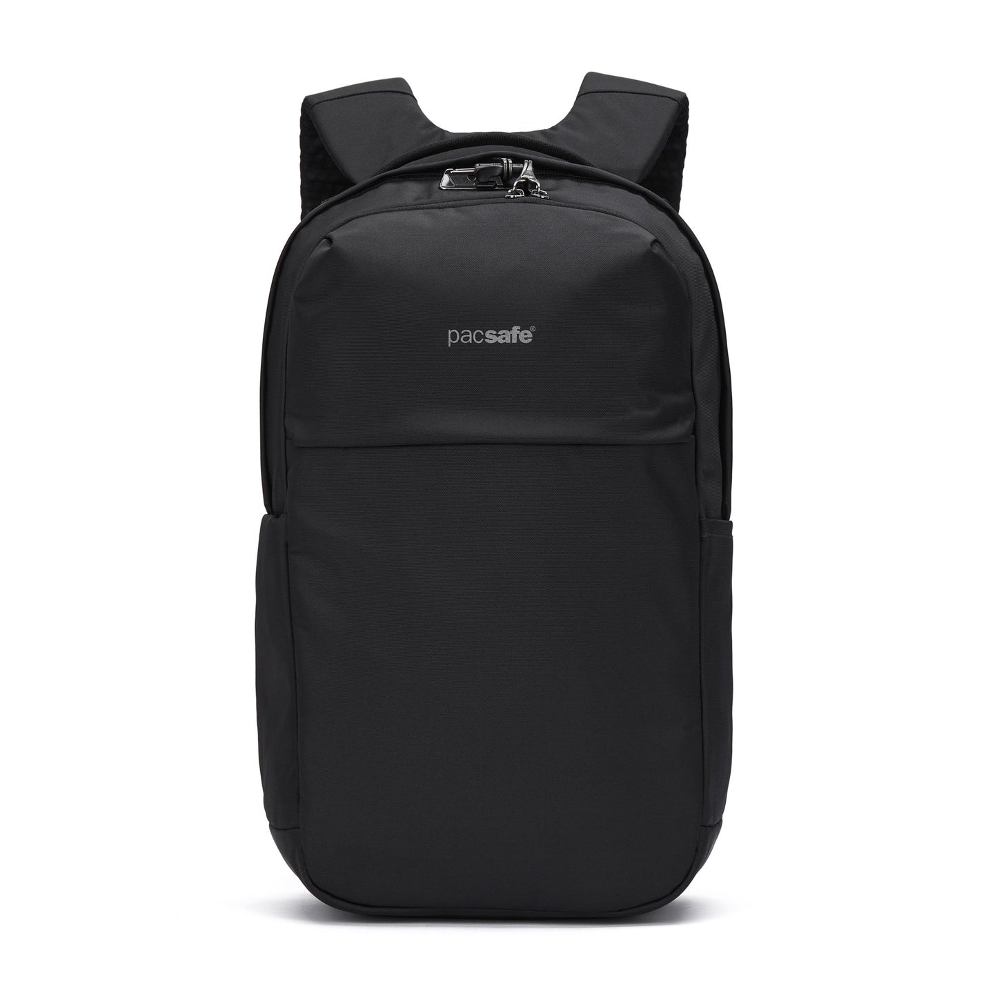 Pacsafe® V 20L Anti-theft City Backpack in black with padded straps, front zip pocket, and laptop sleeve.