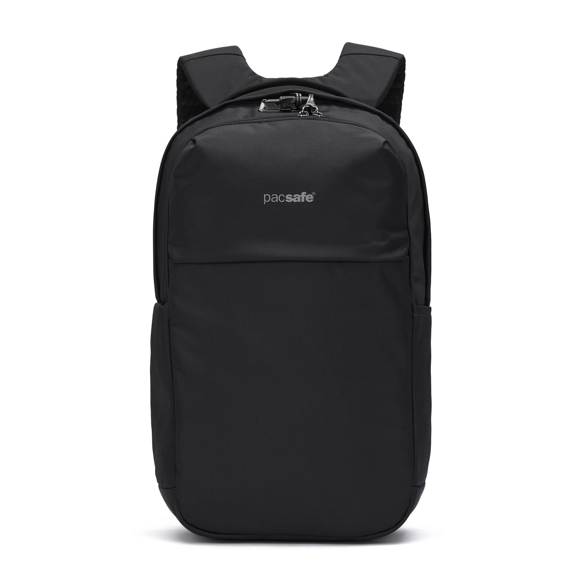 Pacsafe® V 20L Anti-theft City Backpack in black with padded straps, front zip pocket, and laptop sleeve.