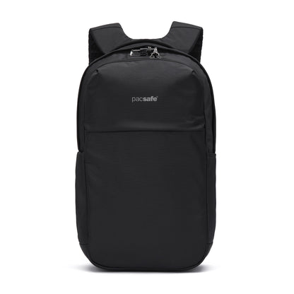 Pacsafe® V 20L Anti-theft City Backpack in black with padded straps, front zip pocket, and laptop sleeve.