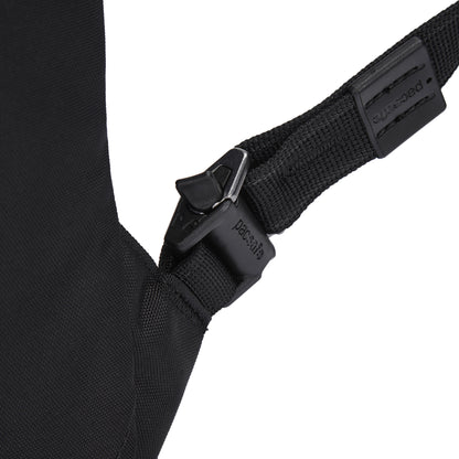 Close-up of Pacsafe® V 20L Anti-theft City Backpack strap with side-release buckle and stitching detail.