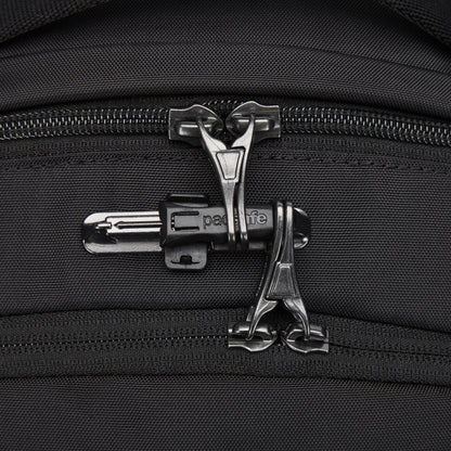 Close-up of dual black zippers on the Pacsafe® V 20L Anti-theft City Backpack made of recycled polyester.