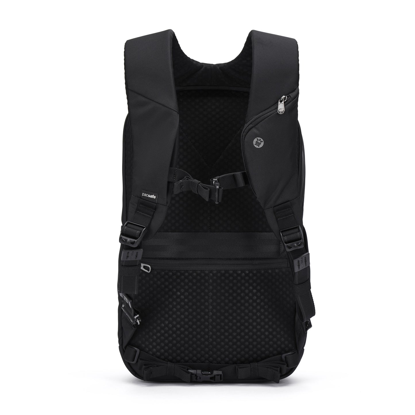 Pacsafe® V 20L Anti-theft City Backpack: Black, slim, padded straps, zip pockets, laptop sleeve.