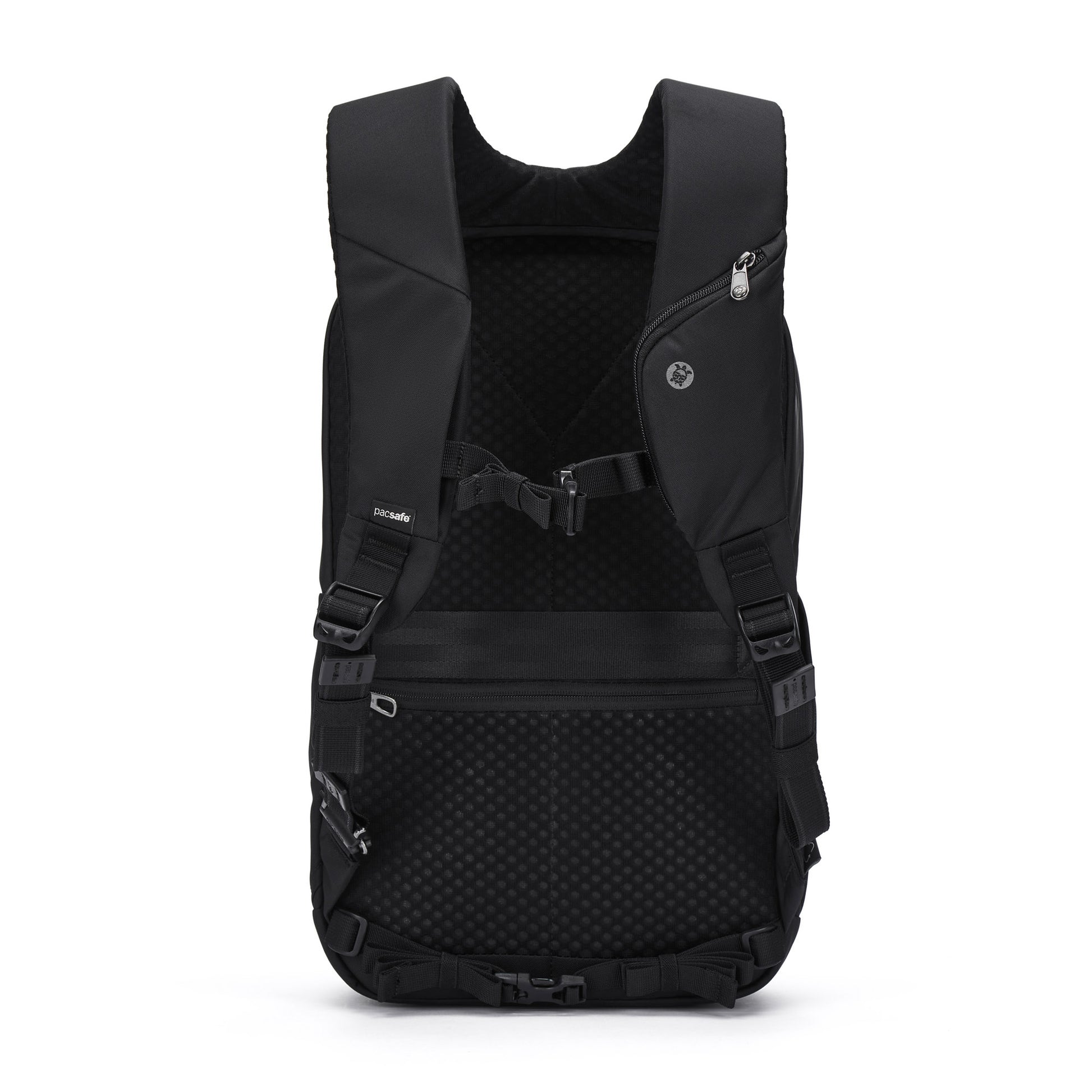 Pacsafe® V 20L Anti-theft City Backpack: Black, slim, padded straps, zip pockets, laptop sleeve.