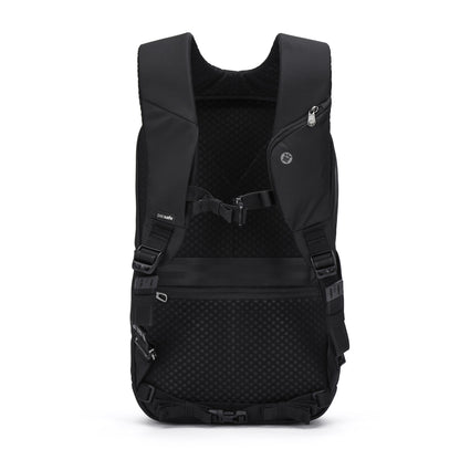 Pacsafe® V 20L Anti-theft City Backpack: Black, slim, padded straps, zip pockets, laptop sleeve.